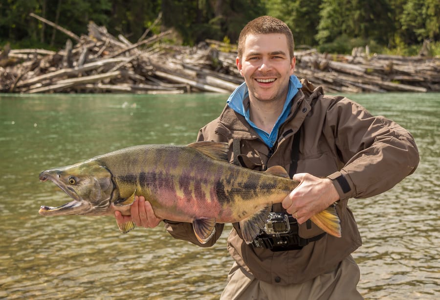 A happy sport fisherman holding up a big trophy Chum Salmon